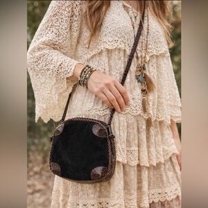 Vintage Genuine Suede & Leather Crossbody Shoulder Bag with Brown Accents